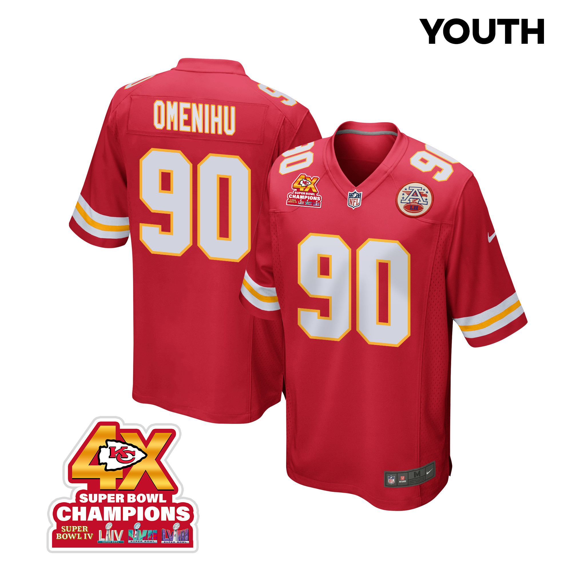 Charles Omenihu 90 Kansas City Chiefs Super Bowl LVIII Champions 4X Game Red NFL Jersey Youth