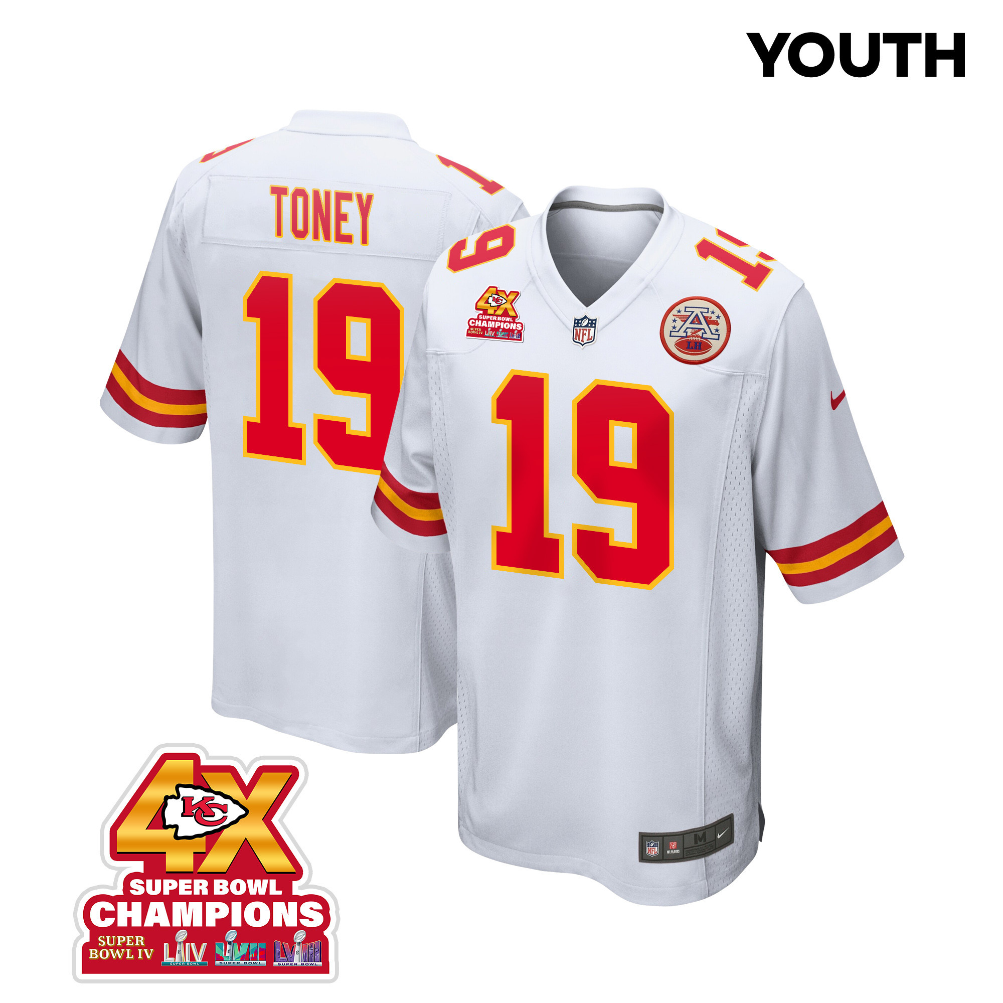 Kadarius Toney 19 Kansas City Chiefs Super Bowl LVIII Champions 4X Game White NFL Jersey Youth