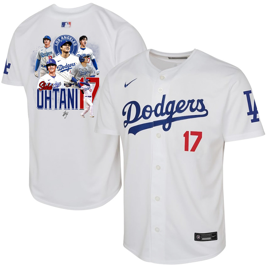 Shohei Ohtani 17 Los Angeles Dodgers Signed Collage Arts Home White MLB Jersey Youth