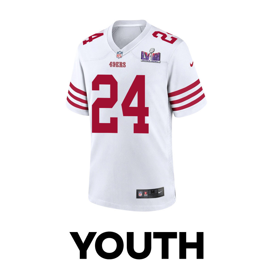 Jordan Mason 24 San Francisco 49ers Super Bowl LVIII Patch Game White NFL Jersey Youth