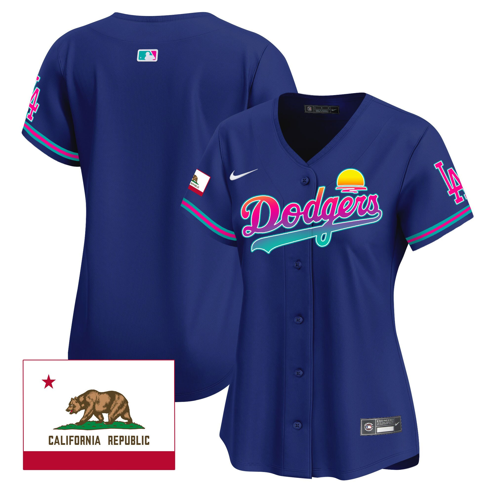 Los Angeles Dodgers 2024 Los Angeles City Style California Republic Patch Royal MLB Jersey Women's