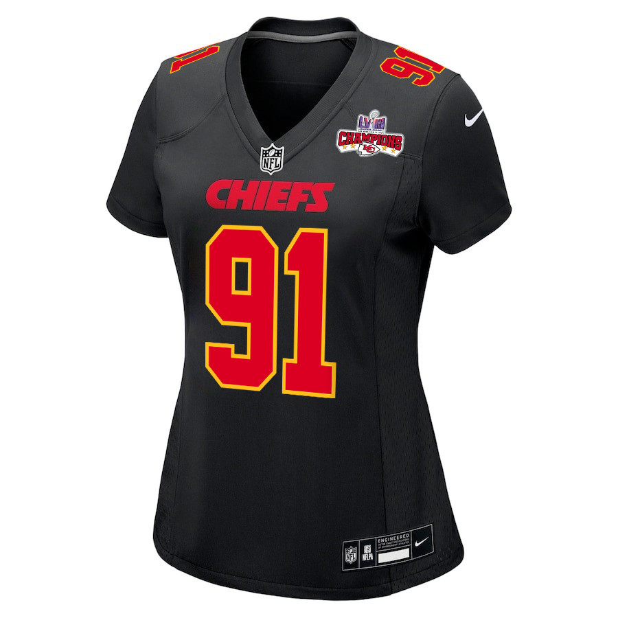 Derrick Nnadi 91 Kansas City Chiefs Super Bowl LVIII Champions 4 Stars Patch Fashion Game Carbon Black NFL Jersey Women's