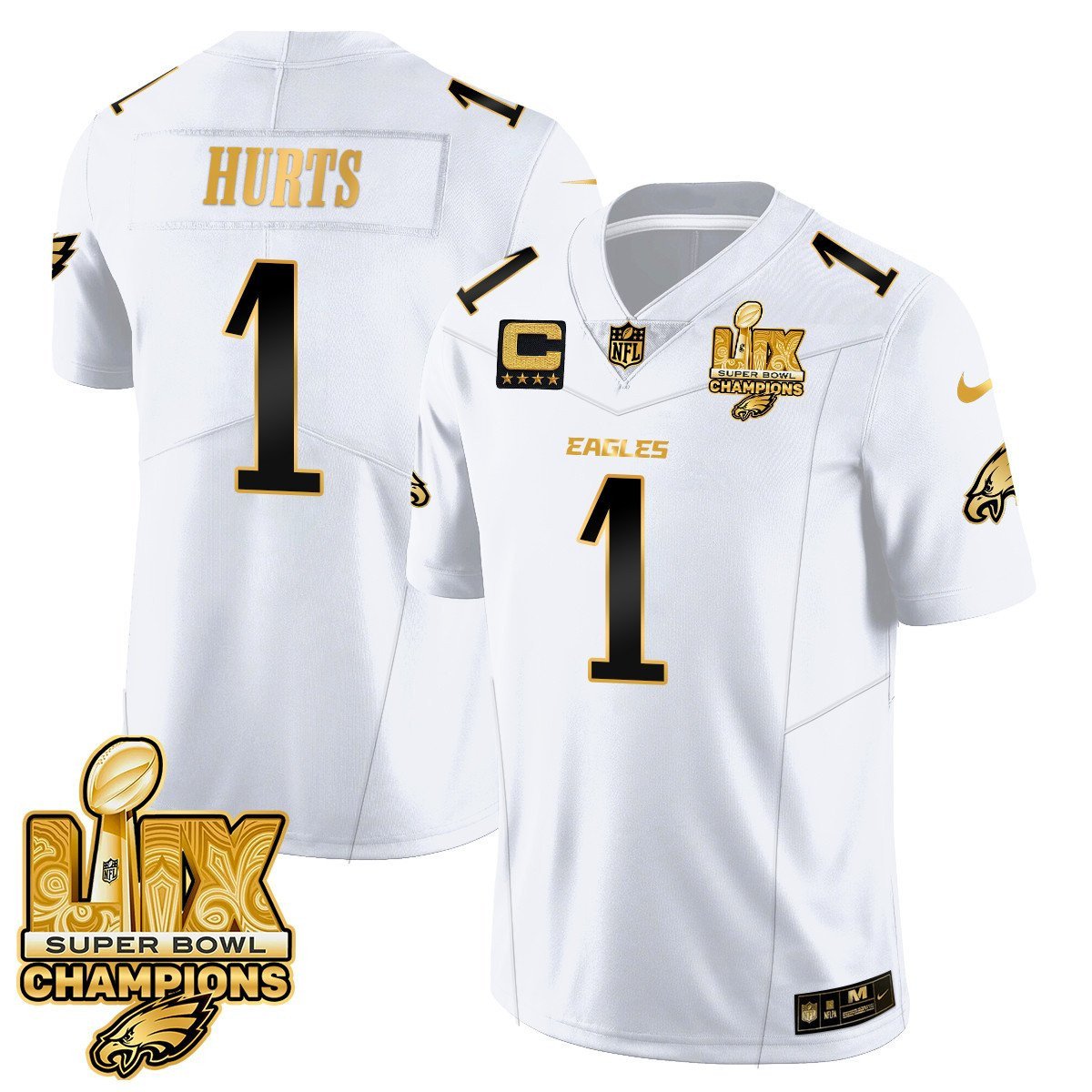 Jalen Hurts 1 Philadelphia Eagles Super Bowl LIX Champions Gold Vapor Limited White Gold NFL Jersey Men's