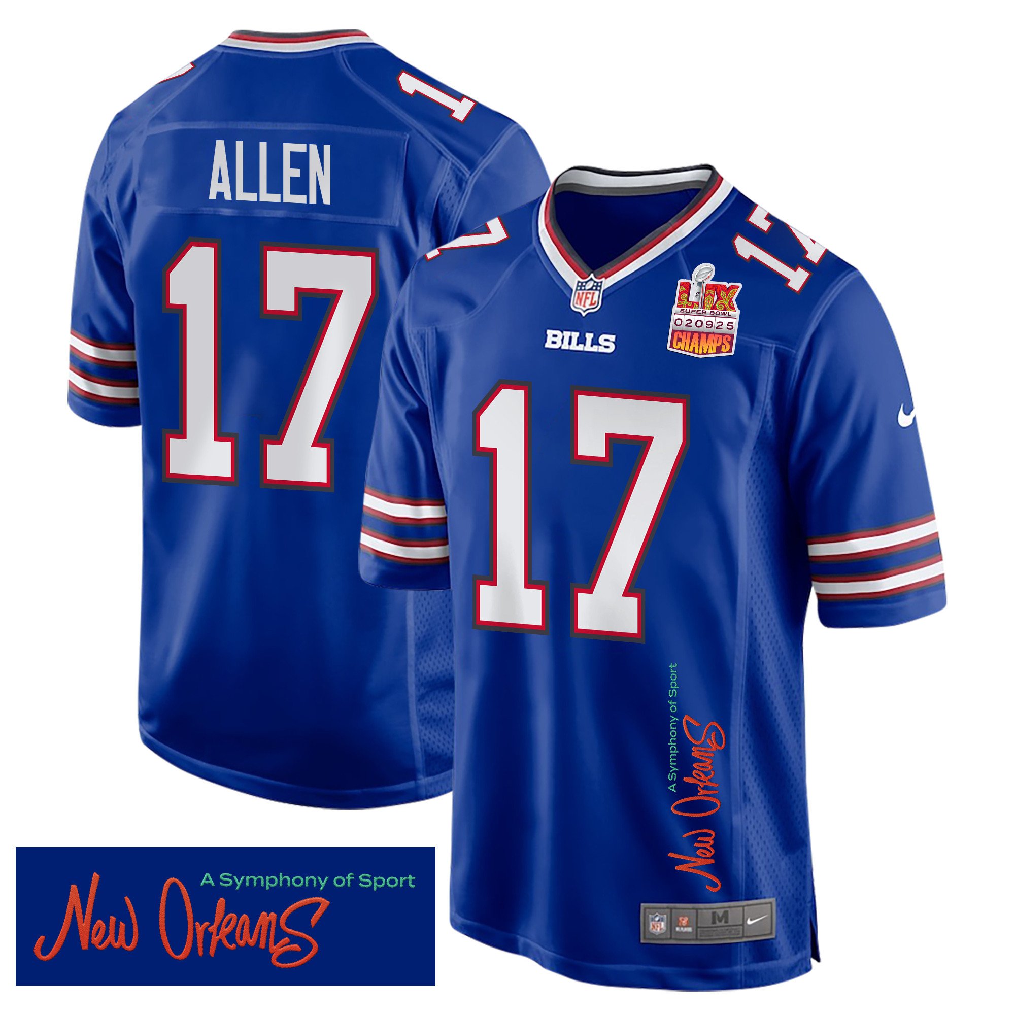 Josh Allen 17 Buffalo Bills Super Bowl LIX Champions Patch New Orleans A Symphony of Sport' EMBROIDERED Game Royal NFL Jersey Men's