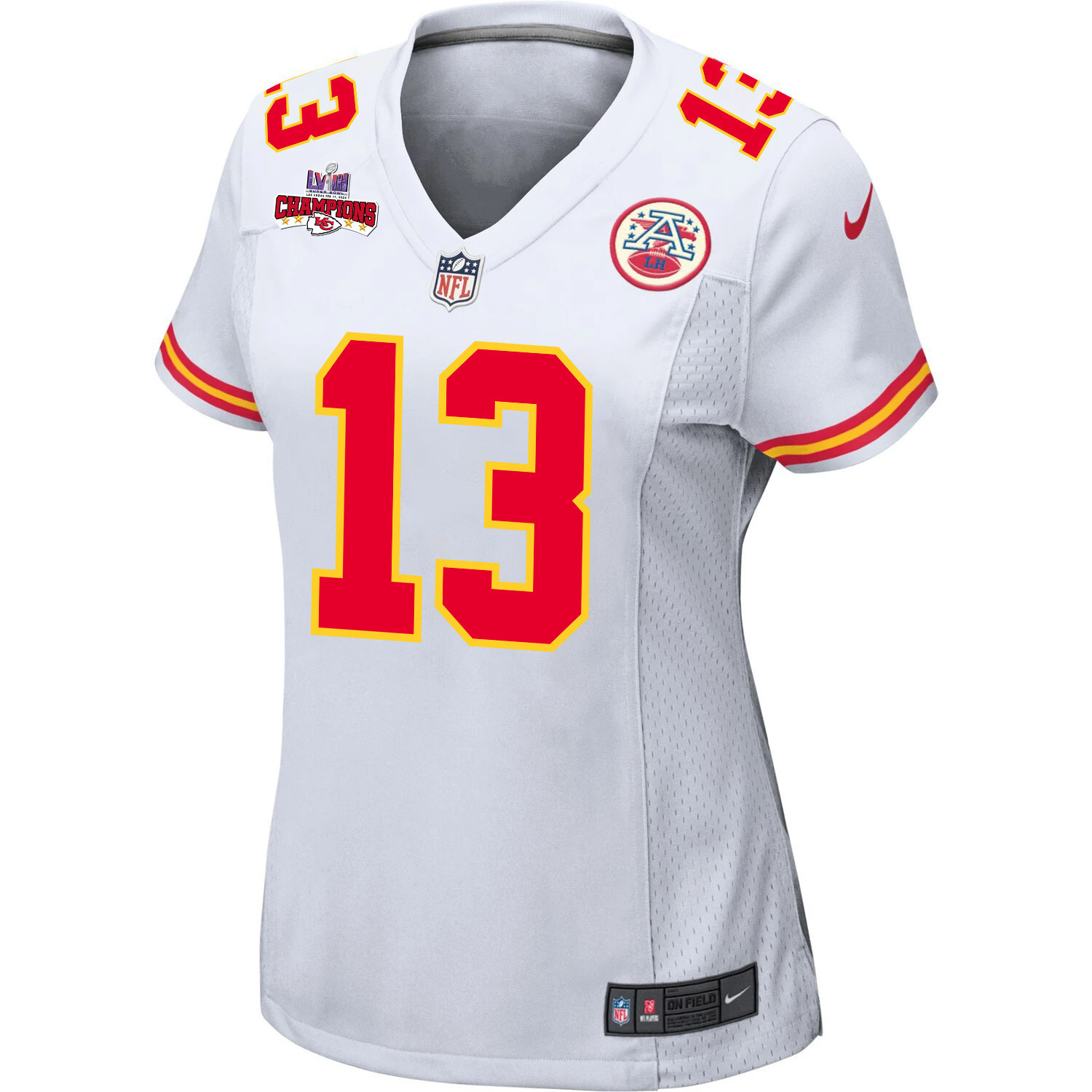 Nazeeh Johnson 13 Kansas City Chiefs Super Bowl LVIII Champions 4 Stars Patch Game White NFL Jersey Women's