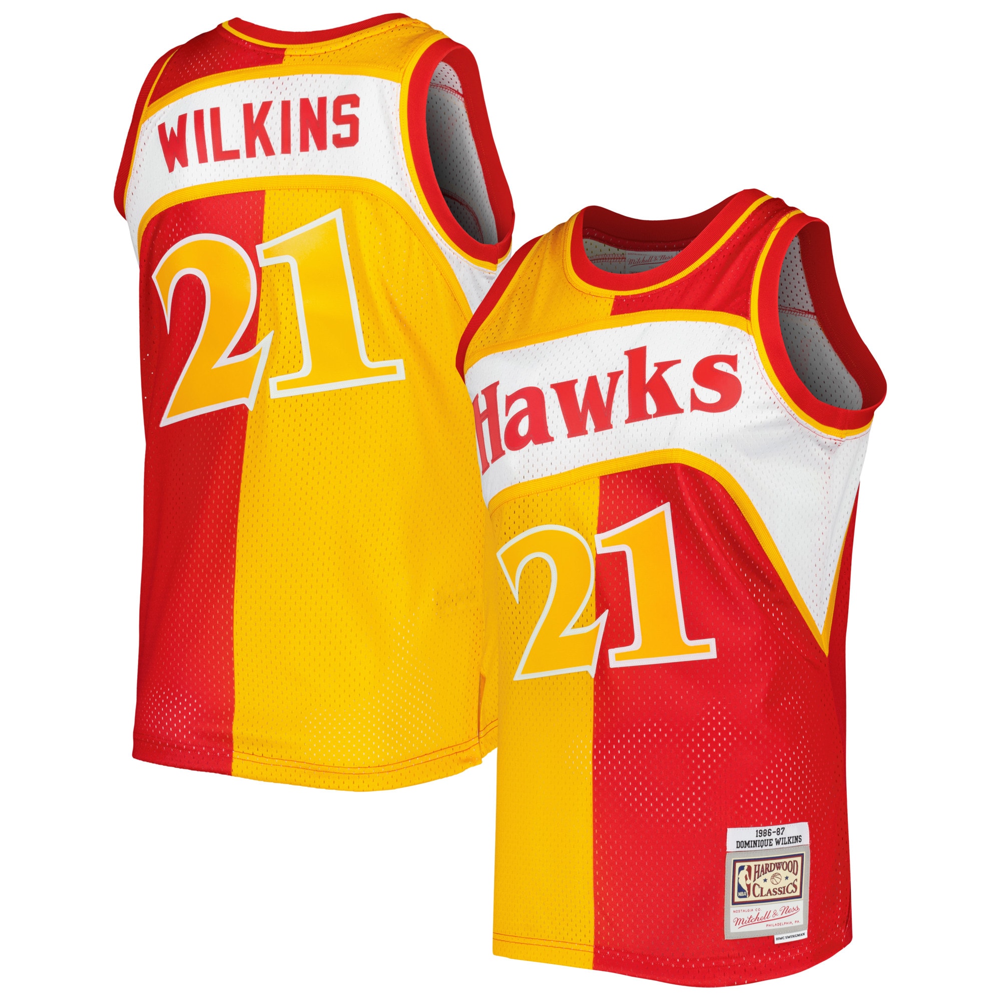 Mitchell Ness Dominique Wilkins Yellow/Red Atlanta Hawks Hardwood Classics 1986/87 Split Swingman NBA Jersey Men's