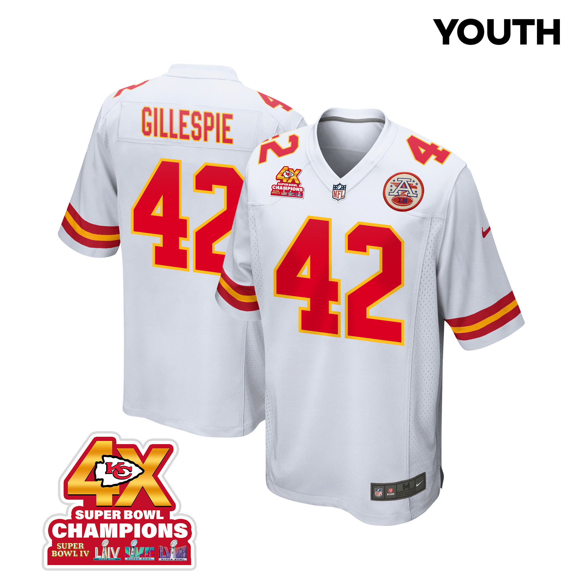 Tyree Gillespie 42 Kansas City Chiefs Super Bowl LVIII Champions 4X Game White NFL Jersey Youth