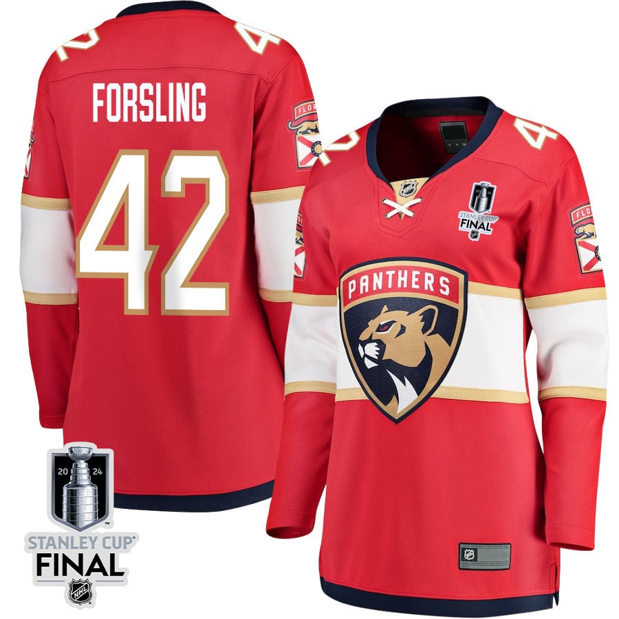 Gustav Forsling 42 Florida Panthers 2024 STANLEY CUP Final Home Breakaway Red NHL Jersey Women's