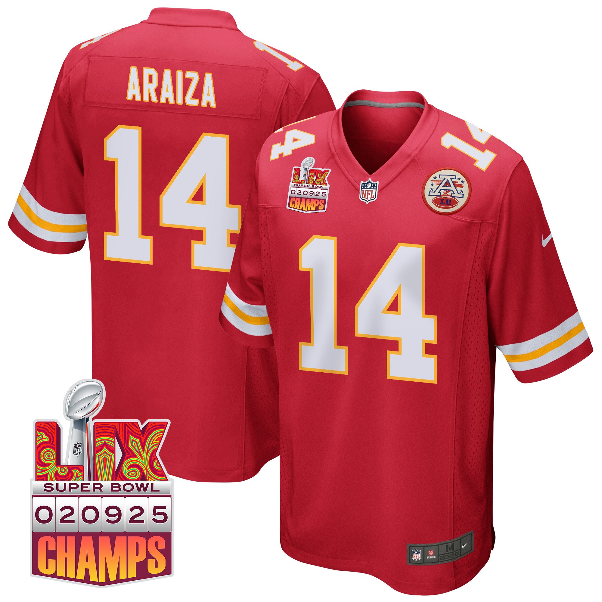Matt Araiza 14 Kansas City Chiefs Super Bowl LIX Champions Patch Game Red NFL Jersey Men's