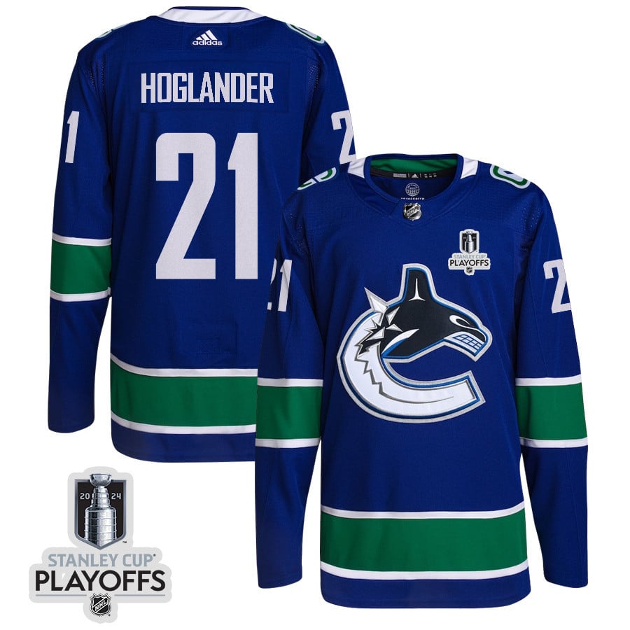 Nils Hoglander 21 Vancouver Canucks 2024 Playoffs Patch Home Blue NHL Jersey Men's