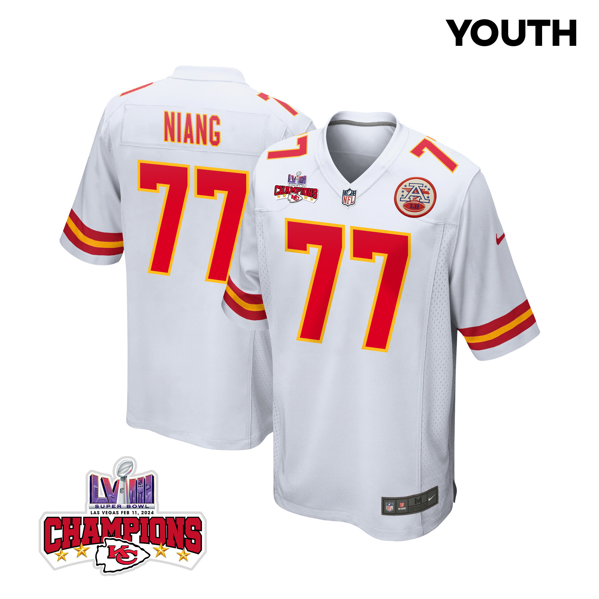 Lucas Niang 77 Kansas City Chiefs Super Bowl LVIII Champions 4 Stars Patch Game White NFL Jersey Youth