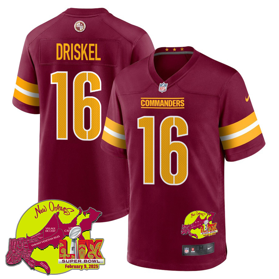 Jeff Driskel 16 Washington Commanders Super Bowl LIX New Orleans Patch Game Burgundy NFL Jersey Men's