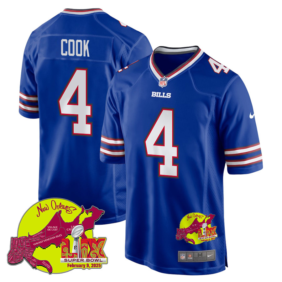 James Cook 4 Buffalo Bills Super Bowl LIX New Orleans Patch Game Royal NFL Jersey Men's