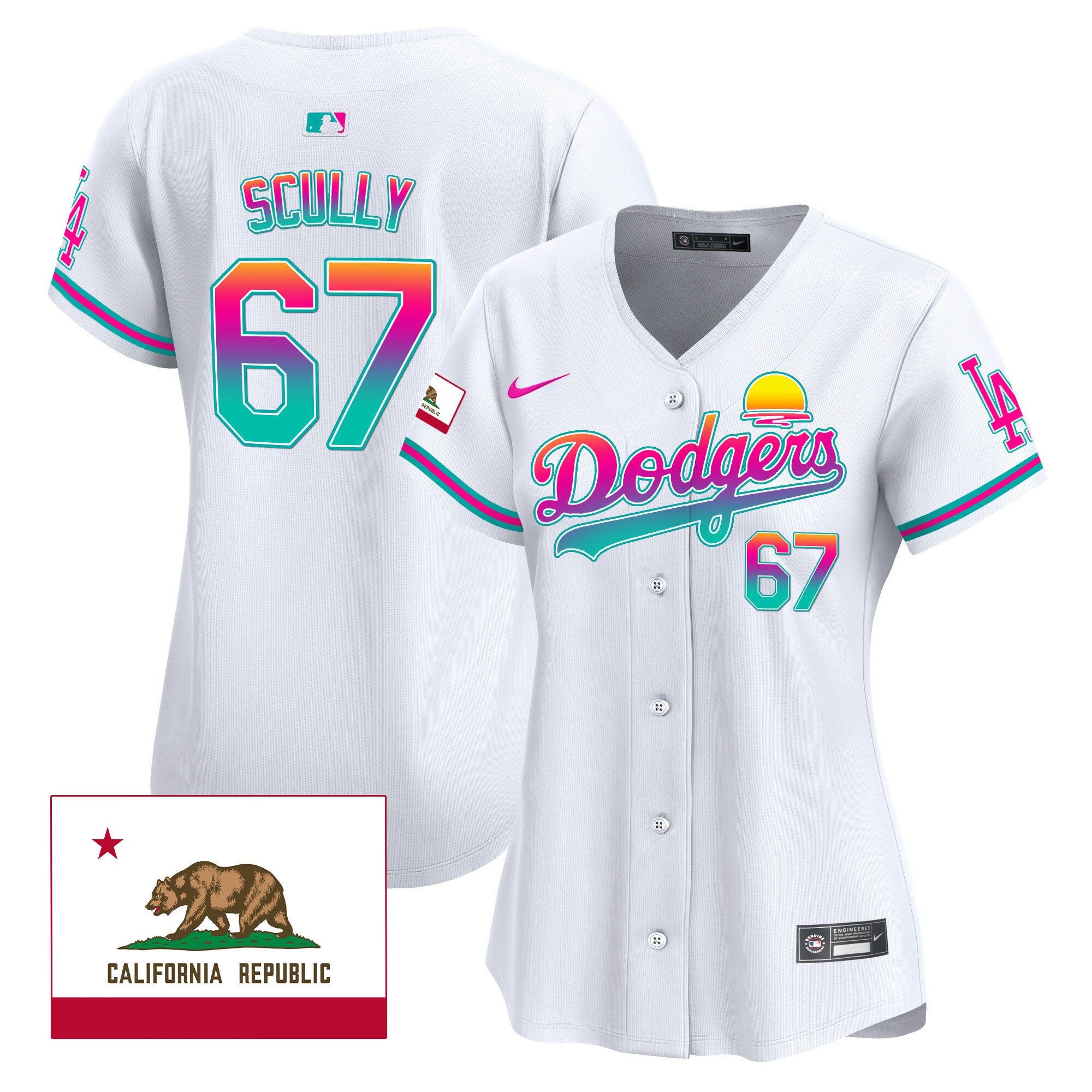 Vin Scully 67 Los Angeles Dodgers 2024 Los Angeles City Style California Republic Patch White MLB Jersey Women's