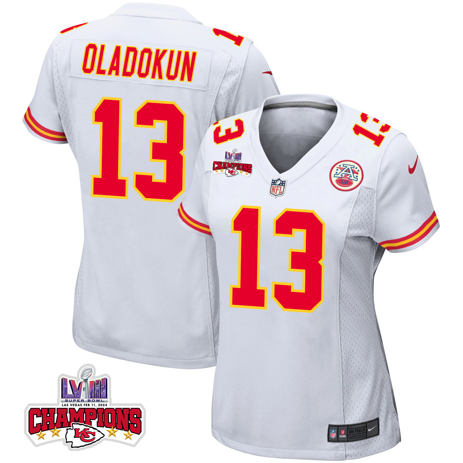 Chris Oladokun 13 Kansas City Chiefs Super Bowl LVIII Champions 4 Stars Patch Game White NFL Jersey Women's