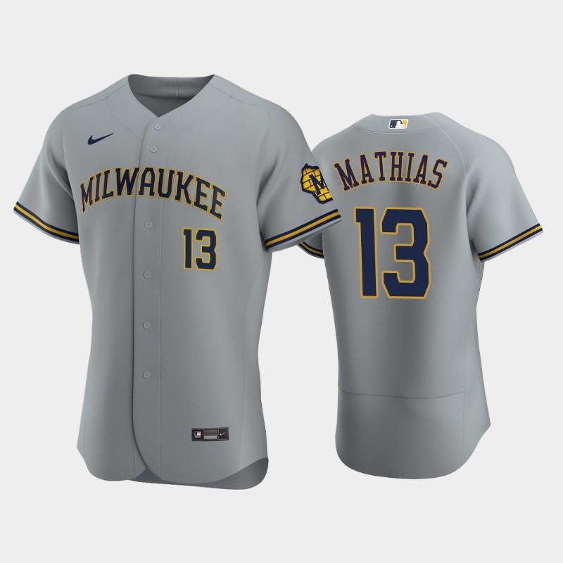 Milwaukee Brewers 13 Mark Mathias Road Team Gray MLB Jersey Men's