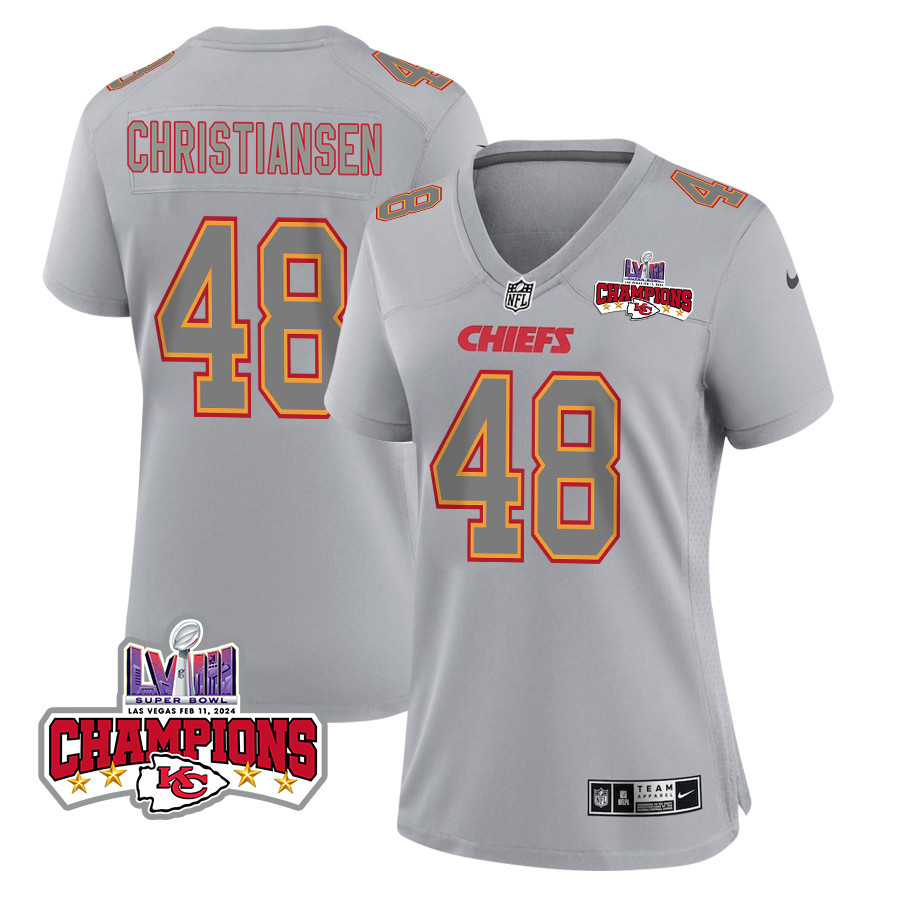 Cole Christiansen 48 Kansas City Chiefs Super Bowl LVIII Champions 4 Stars Patch Atmosphere Fashion Game Gray NFL Jersey Women's