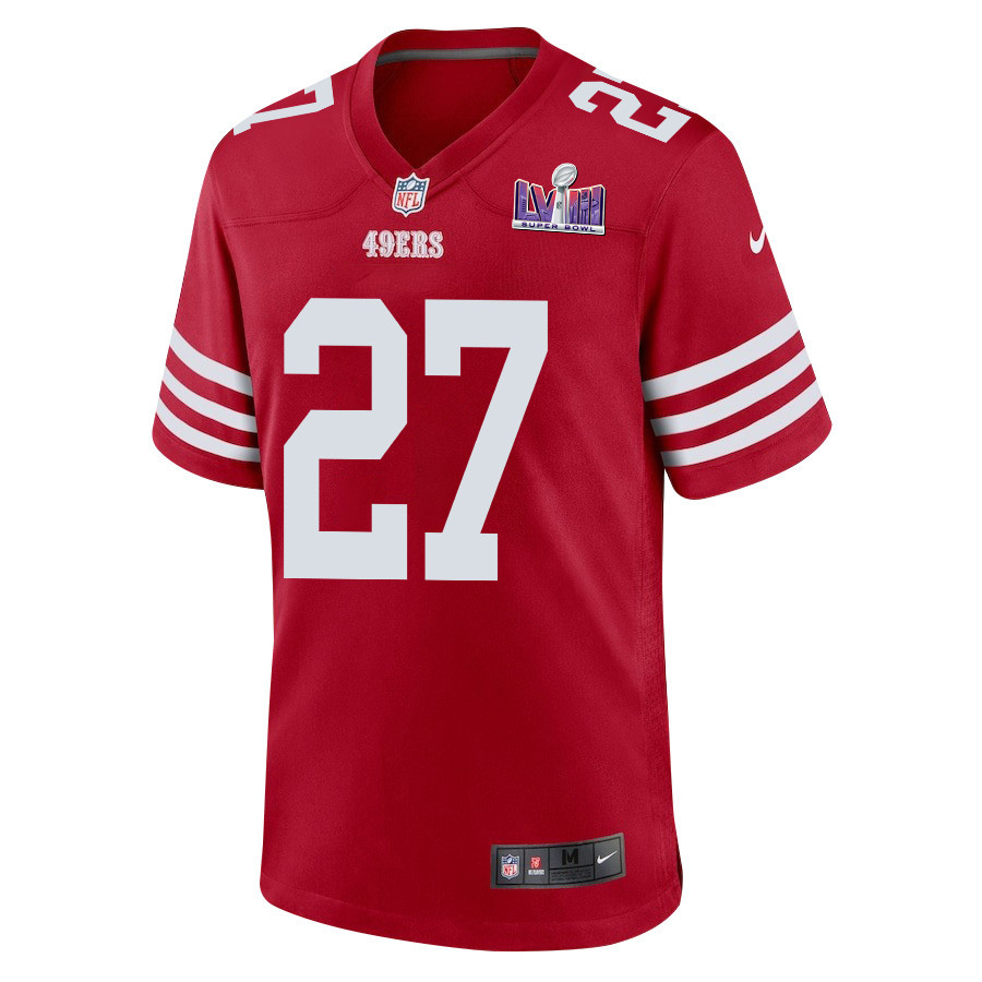 Ji'Ayir Brown 27 San Francisco 49ers Super Bowl LVIII Patch Game Scarlet NFL Jersey Men's