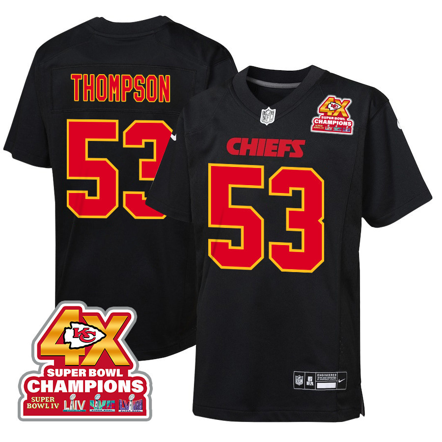BJ Thompson 53 Kansas City Chiefs Super Bowl LVIII Champions 4X Fashion Game Carbon Black NFL Jersey Youth