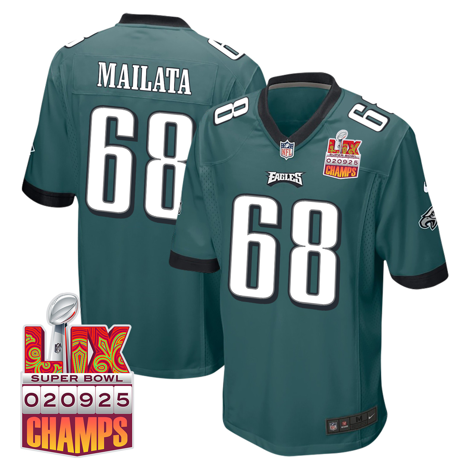 Jordan Mailata 68 Philadelphia Eagles Super Bowl LIX Champions Patch Game Midnight Green NFL Jersey Men's