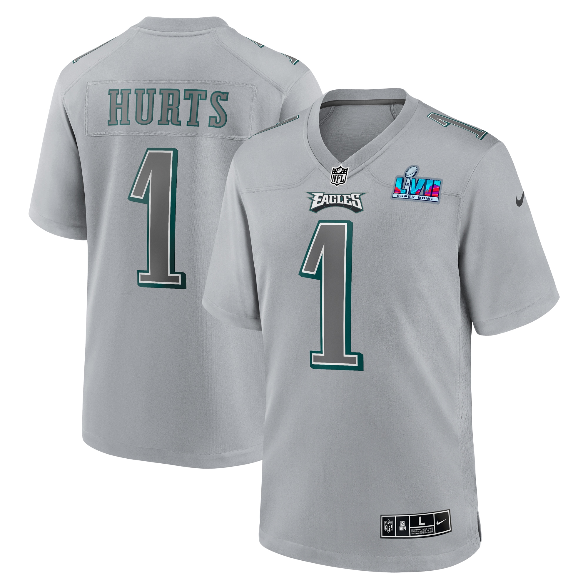 Philadelphia Eagles Jalen Hurts Gray Super Bowl LVII Patch Atmosphere Fashion Game NFL Jersey Men's