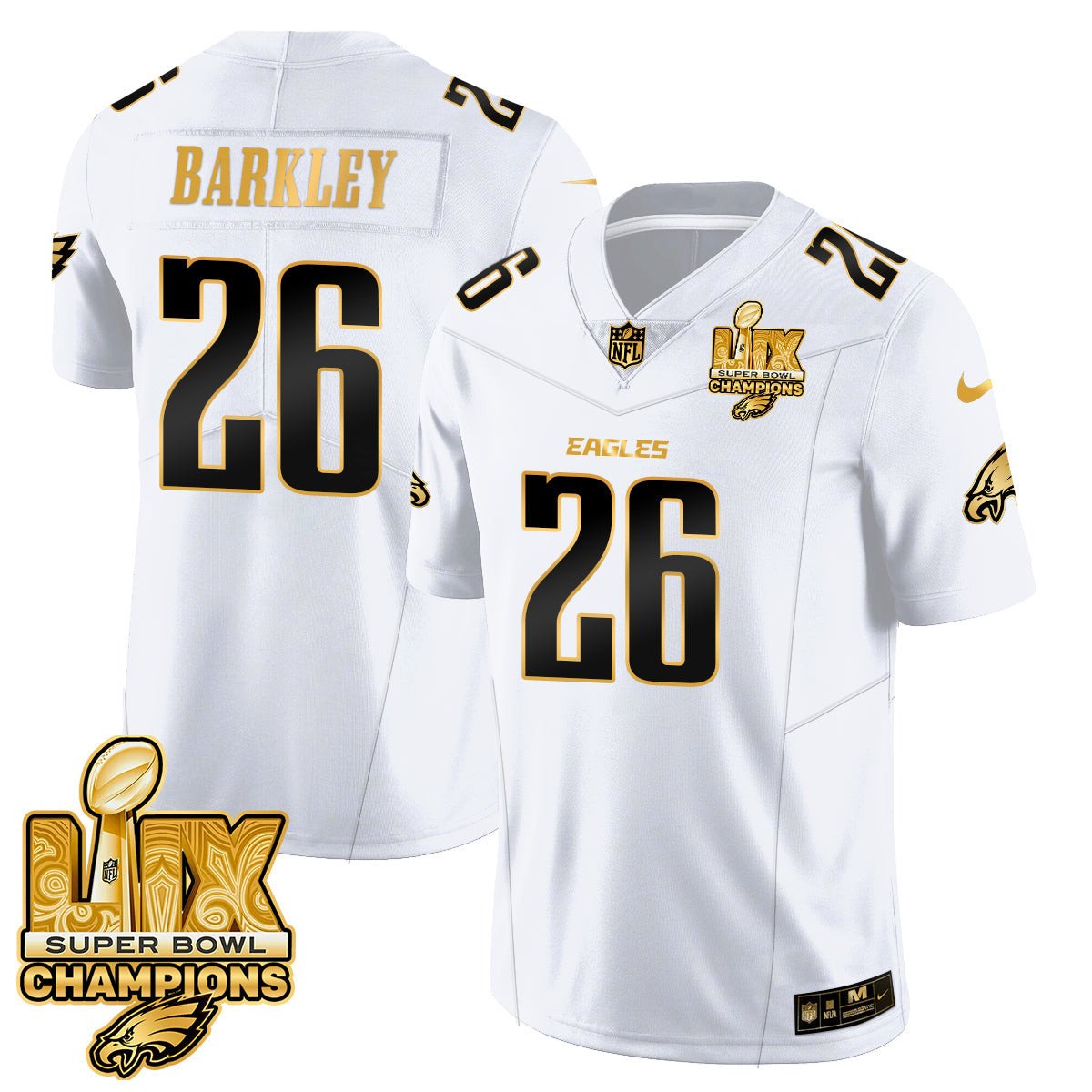 Saquon Barkley 26 Philadelphia Eagles Super Bowl LIX Champions Gold Vapor Limited White Gold NFL Jersey Men's