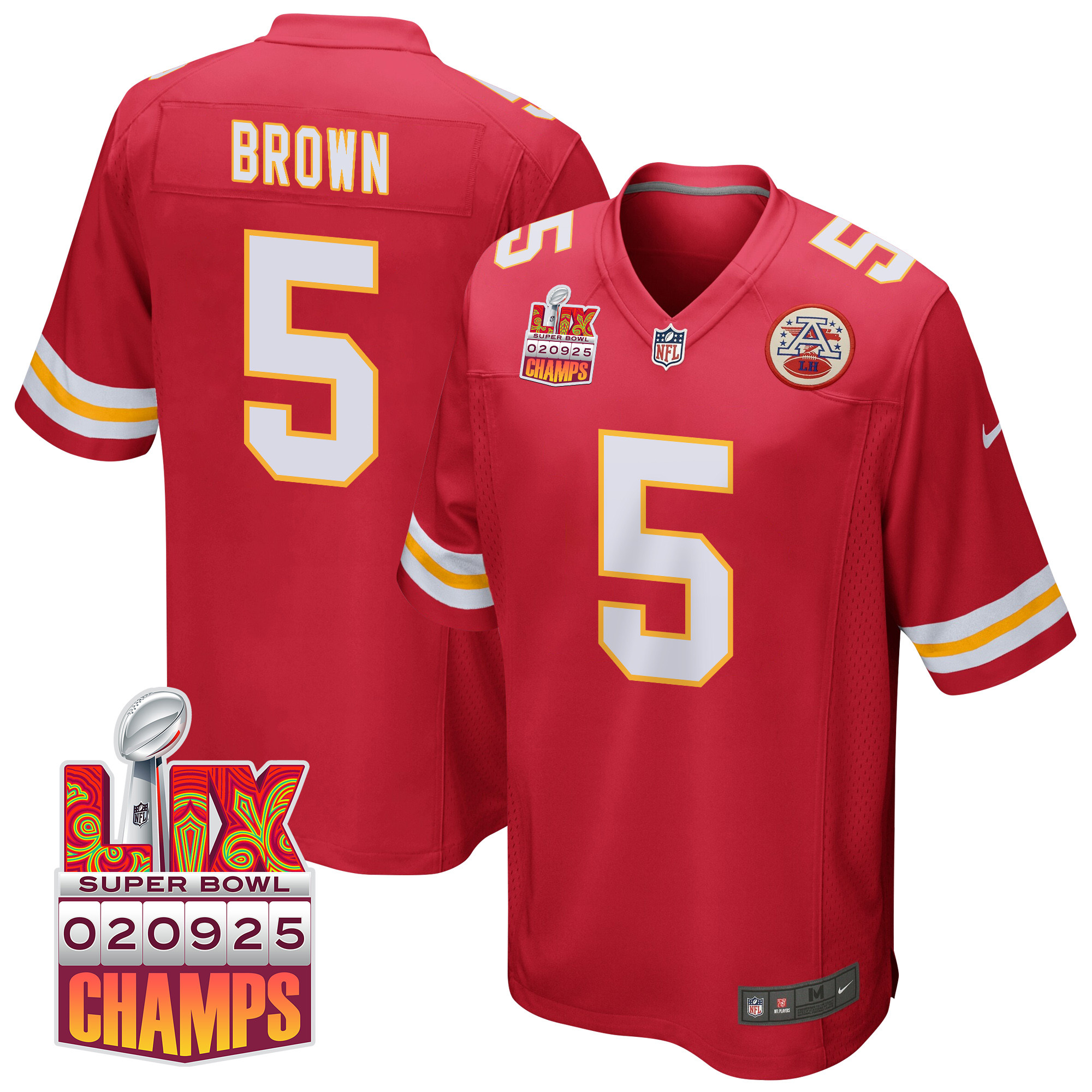 Hollywood Brown 5 Kansas City Chiefs Super Bowl LIX Champions Patch Game Red NFL Jersey Men's
