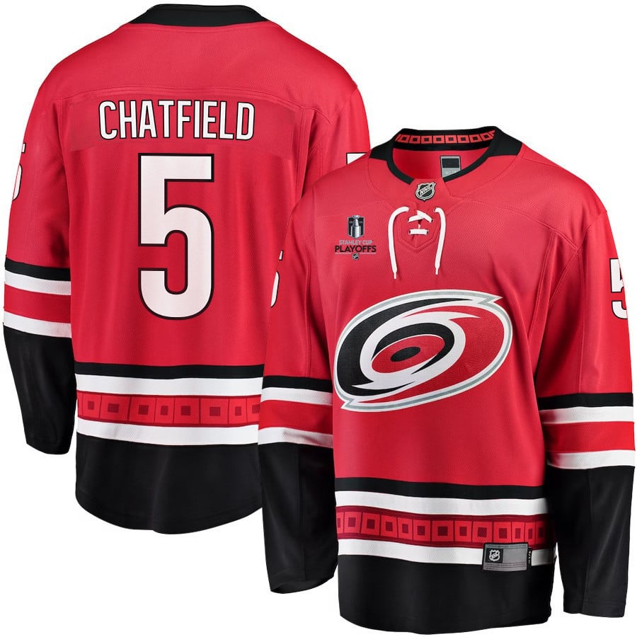 Jalen Chatfield 5 Carolina Hurricanes Stanley Cup 2023 Playoffs Patch Home Breakaway Red NHL Jersey Men's