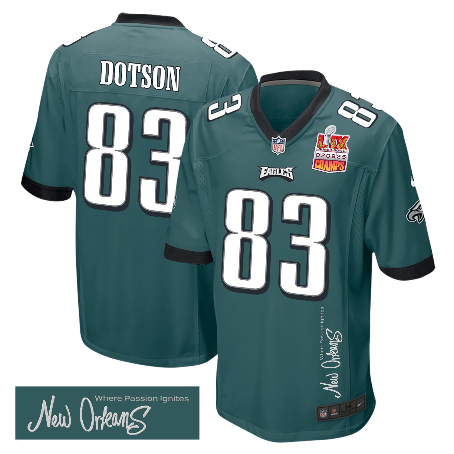 Jahan Dotson 83 Philadelphia Eagles Super Bowl LIX Champions Patch New Orleans Where Passion Ignites' EMBROIDERED Game Midnight Green NFL Jersey Men's