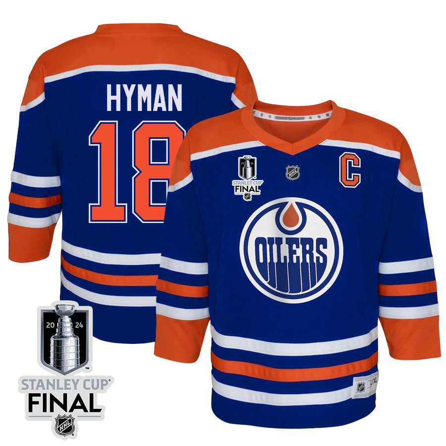 Zach Hyman 18 Edmonton Oilers 2024 STANLEY CUP Final Home Royal NHL Jersey Youth