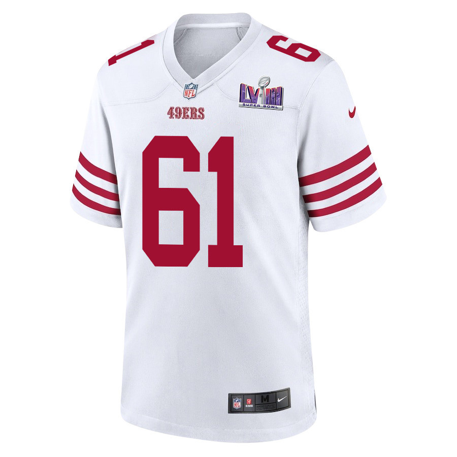 Corey Luciano 61 San Francisco 49ers Super Bowl LVIII Patch Game White NFL Jersey Men's