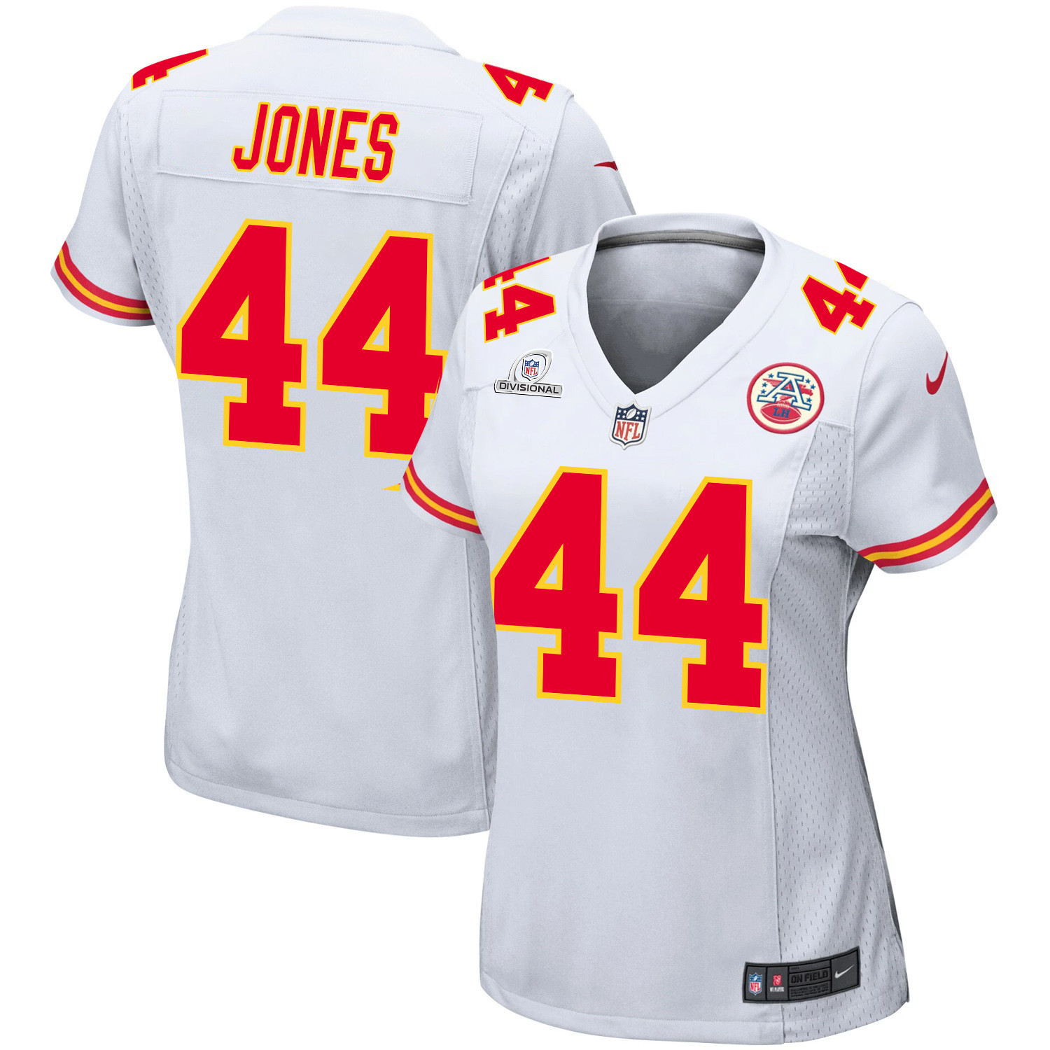 Cam Jones 44 Kansas City Chiefs Super Bowl LVIII Patch Game White NFL Jersey Women's