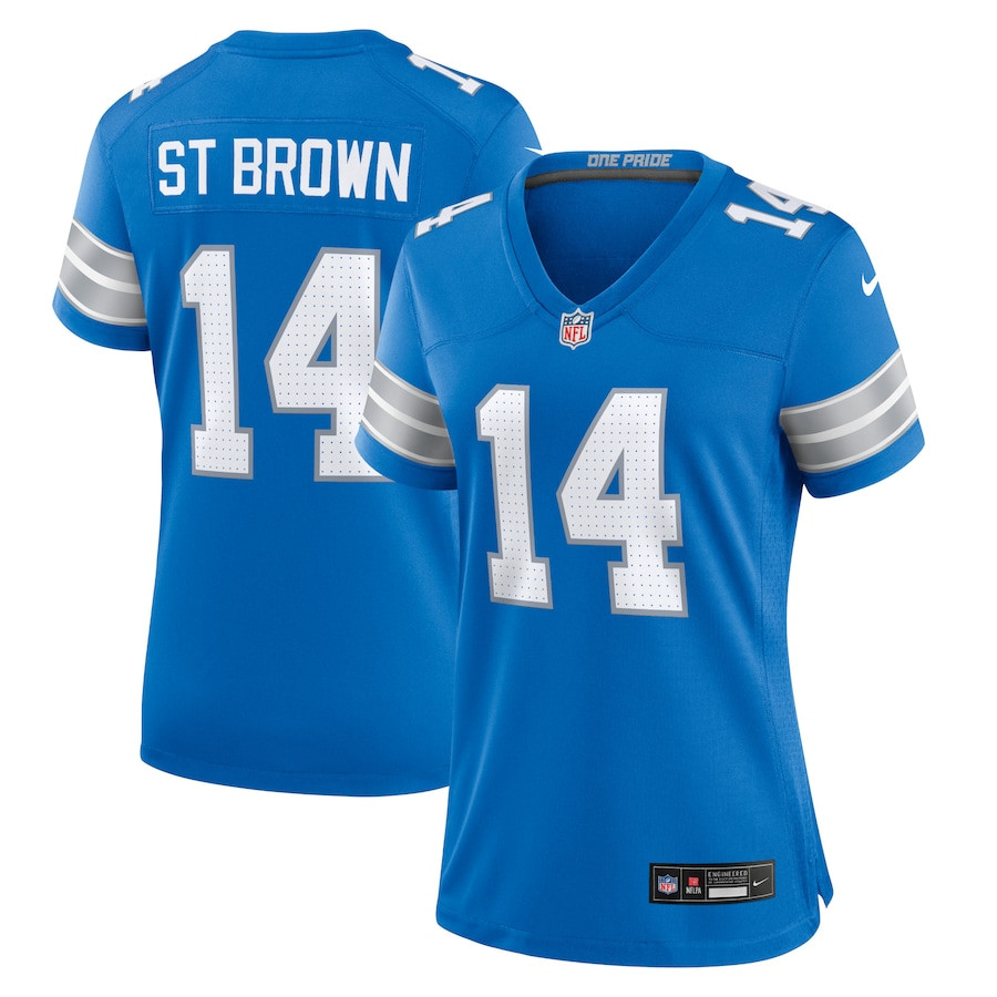 Amon-Ra St. Brown 14 Detroit Lions Team Game Blue NFL Jersey Women's