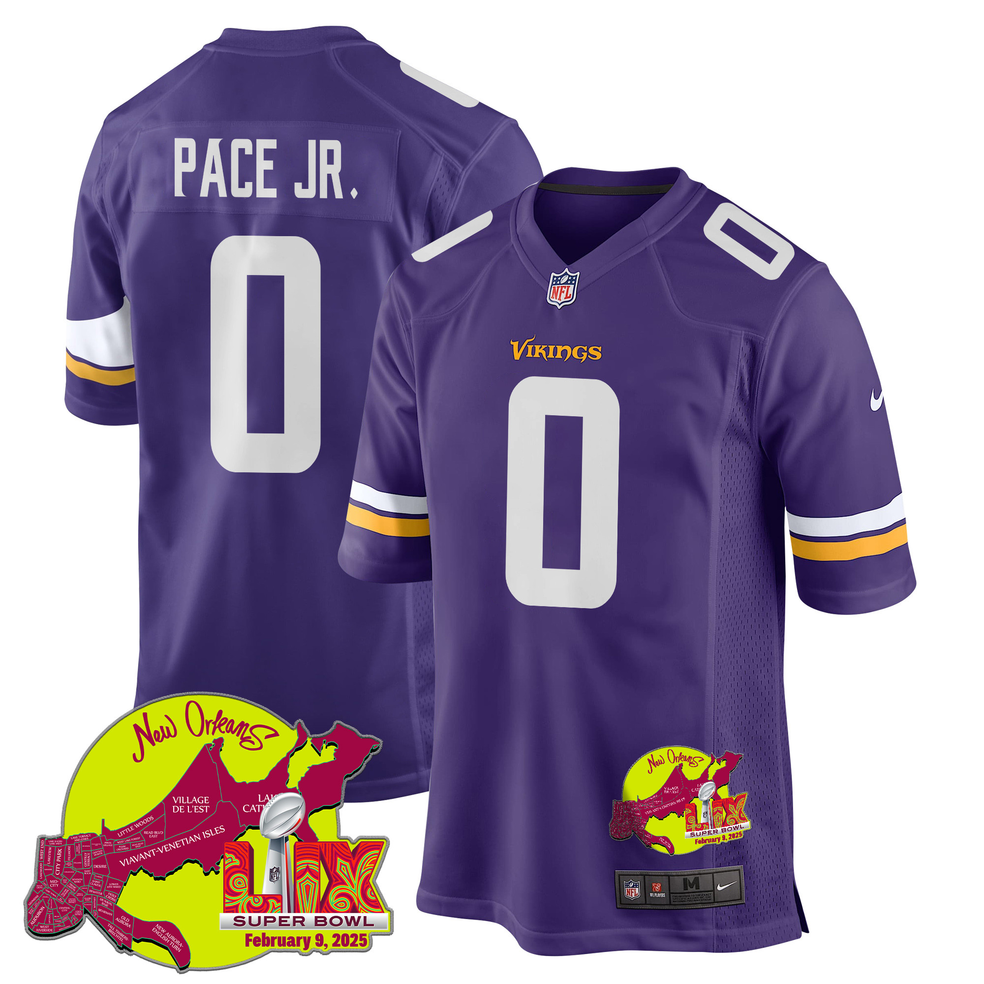 Ivan Pace Jr. 0 Minnesota Vikings Super Bowl LIX New Orleans Patch Game Purple NFL Jersey Men's