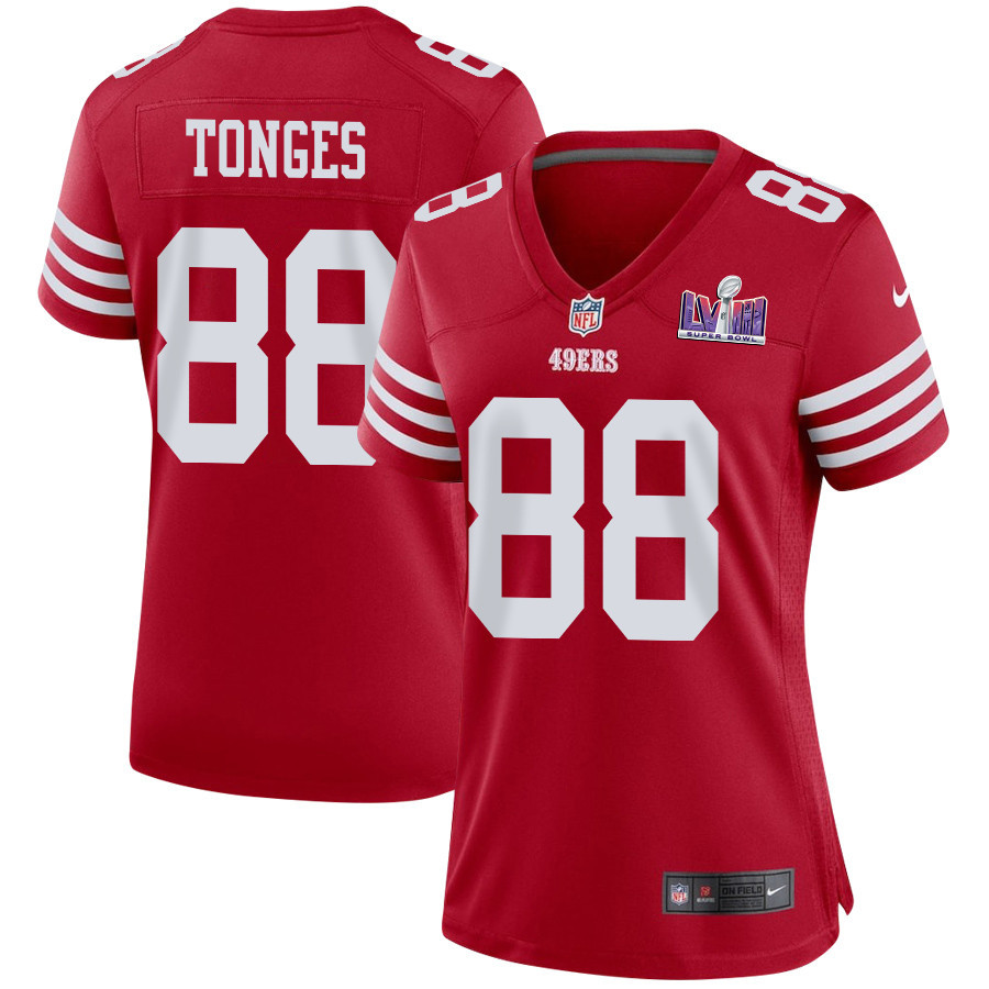 Jake Tonges 88 San Francisco 49ers Super Bowl LVIII Patch Game Scarlet NFL Jersey Women's