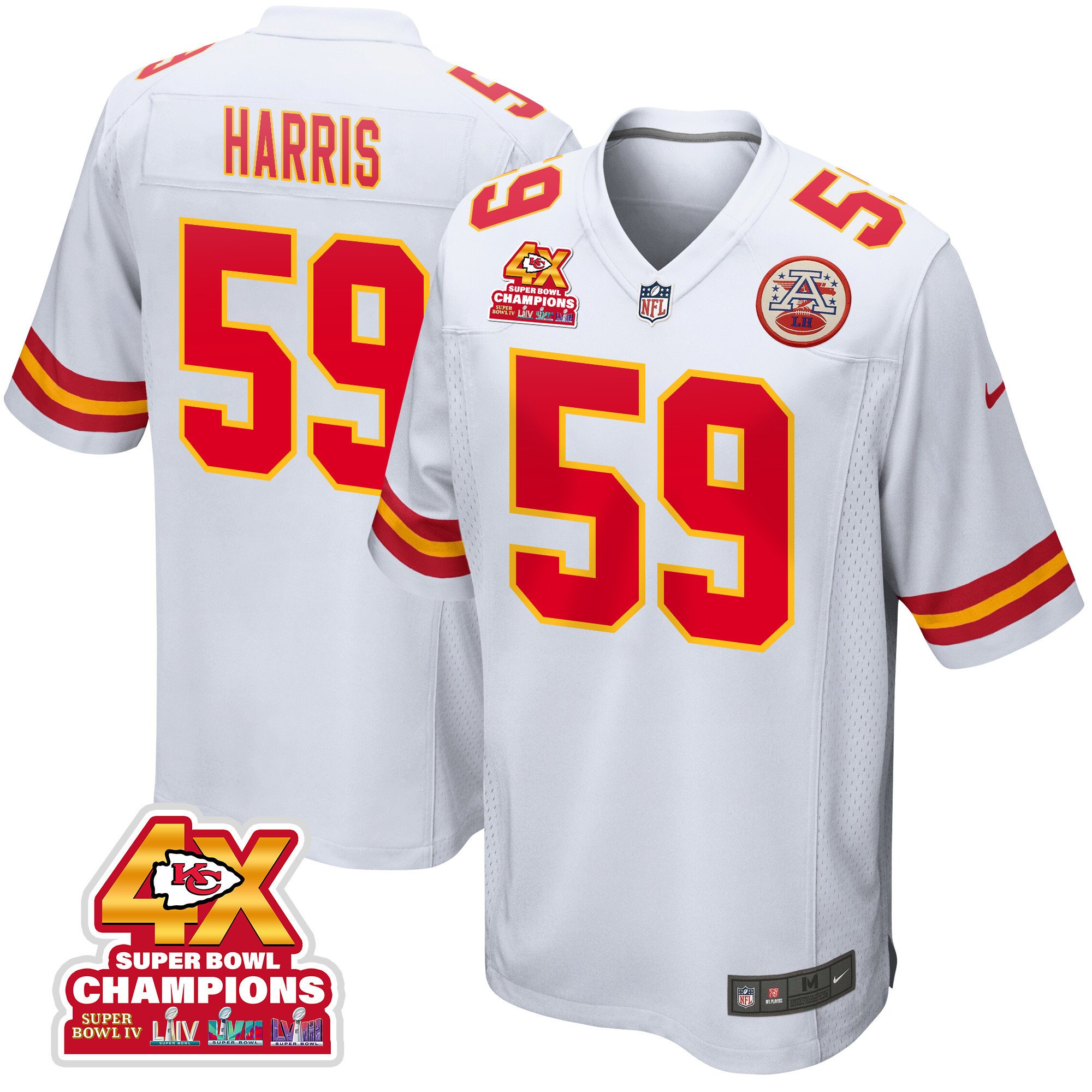 Darius Harris 59 Kansas City Chiefs Super Bowl LVIII Champions 4X Game White NFL Jersey Men's