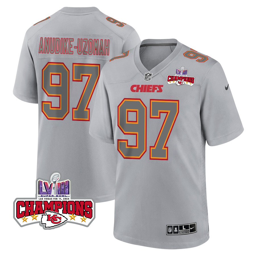 Felix Anudike-Uzomah 97 Kansas City Chiefs Super Bowl LVIII Champions 4 Stars Patch Atmosphere Fashion Game Gray NFL Jersey Men's