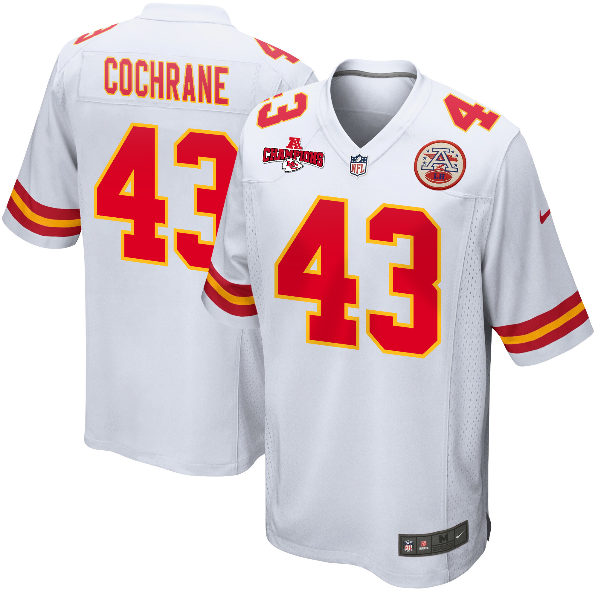 Jack Cochrane 43 Kansas City Chiefs AFC Champions Patch Game White NFL Jersey Men's