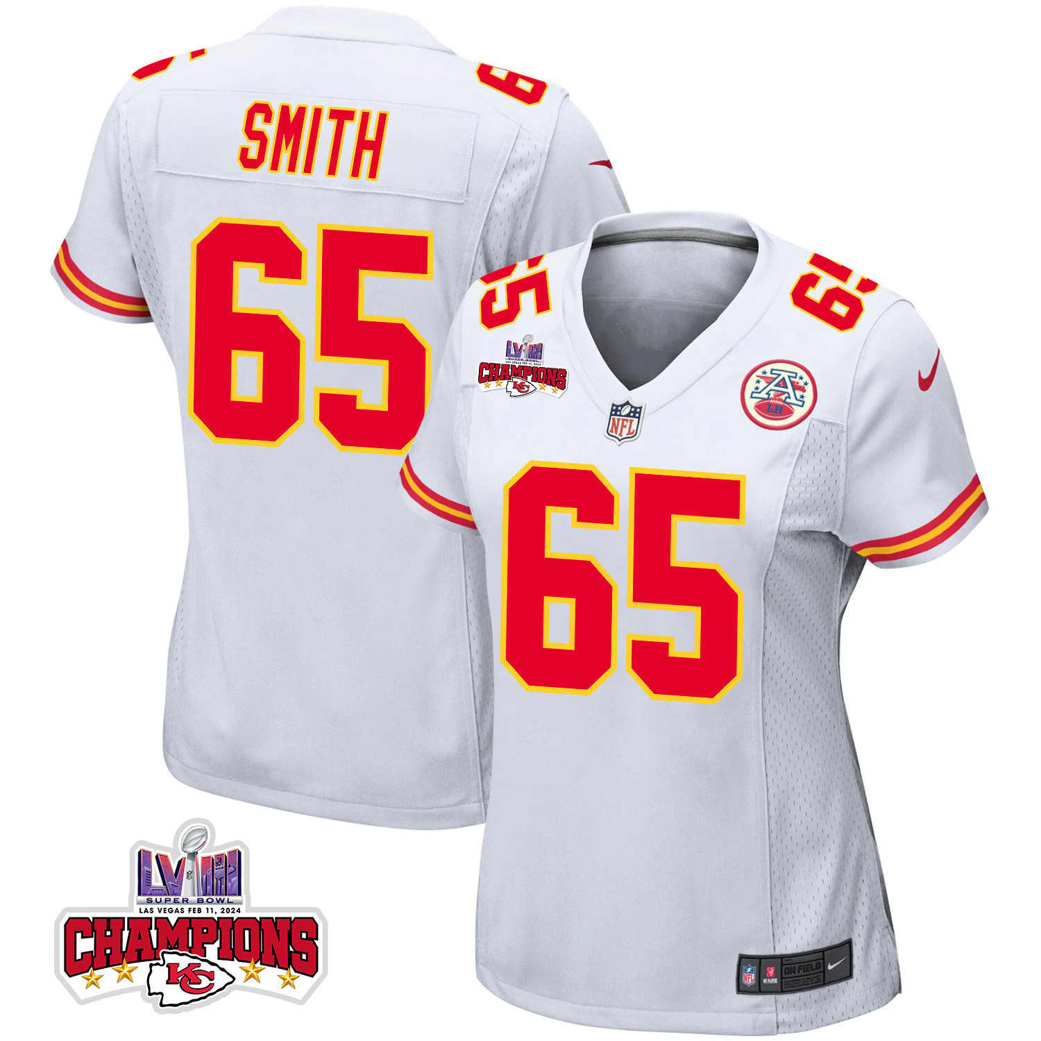 Trey Smith 65 Kansas City Chiefs Super Bowl LVIII Champions 4 Stars Patch Game White NFL Jersey Women's