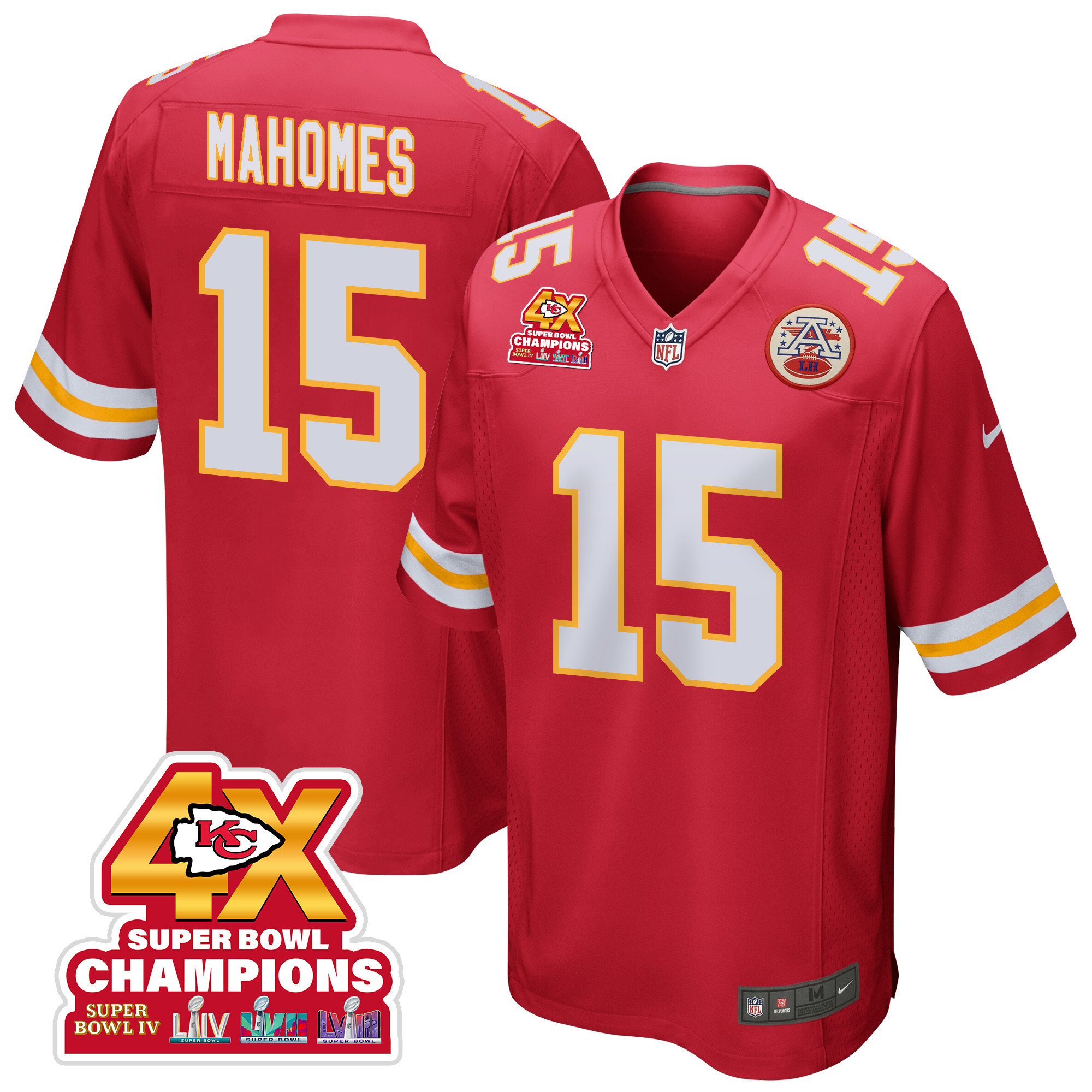 Patrick Mahomes 15 Kansas City Chiefs Super Bowl LVIII Champions 4X Game Red NFL Jersey Men's