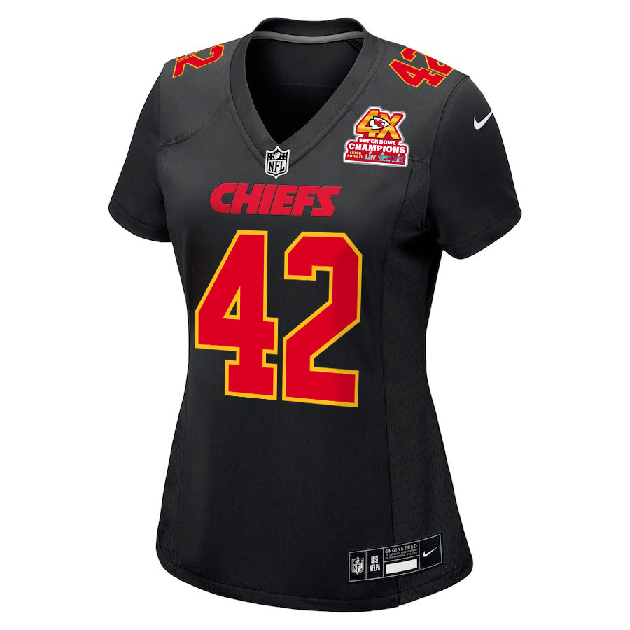 Tyree Gillespie 42 Kansas City Chiefs Super Bowl LVIII Champions 4X Fashion Game Carbon Black NFL Jersey Women's
