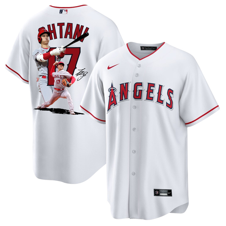 Shohei Ohtani 17 Los Angeles Angels Signed Decisive Blow 2023 Home White MLB Jersey Men's