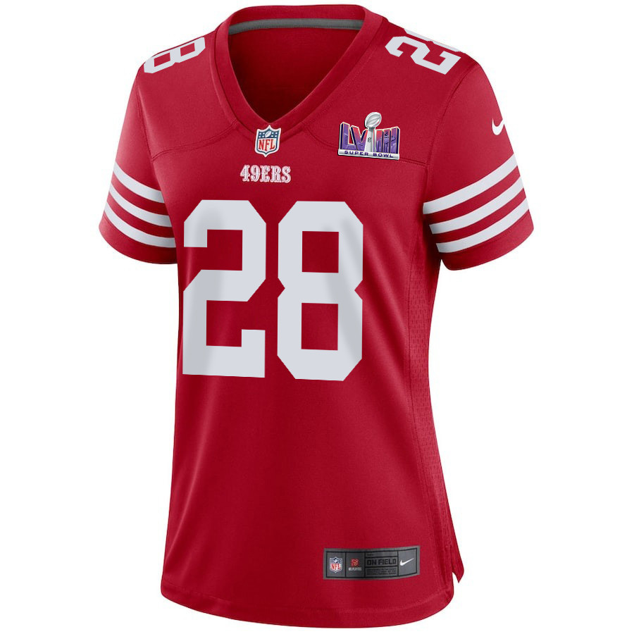 Darrell Luter Jr. 28 San Francisco 49ers Super Bowl LVIII Patch Game Scarlet NFL Jersey Women's