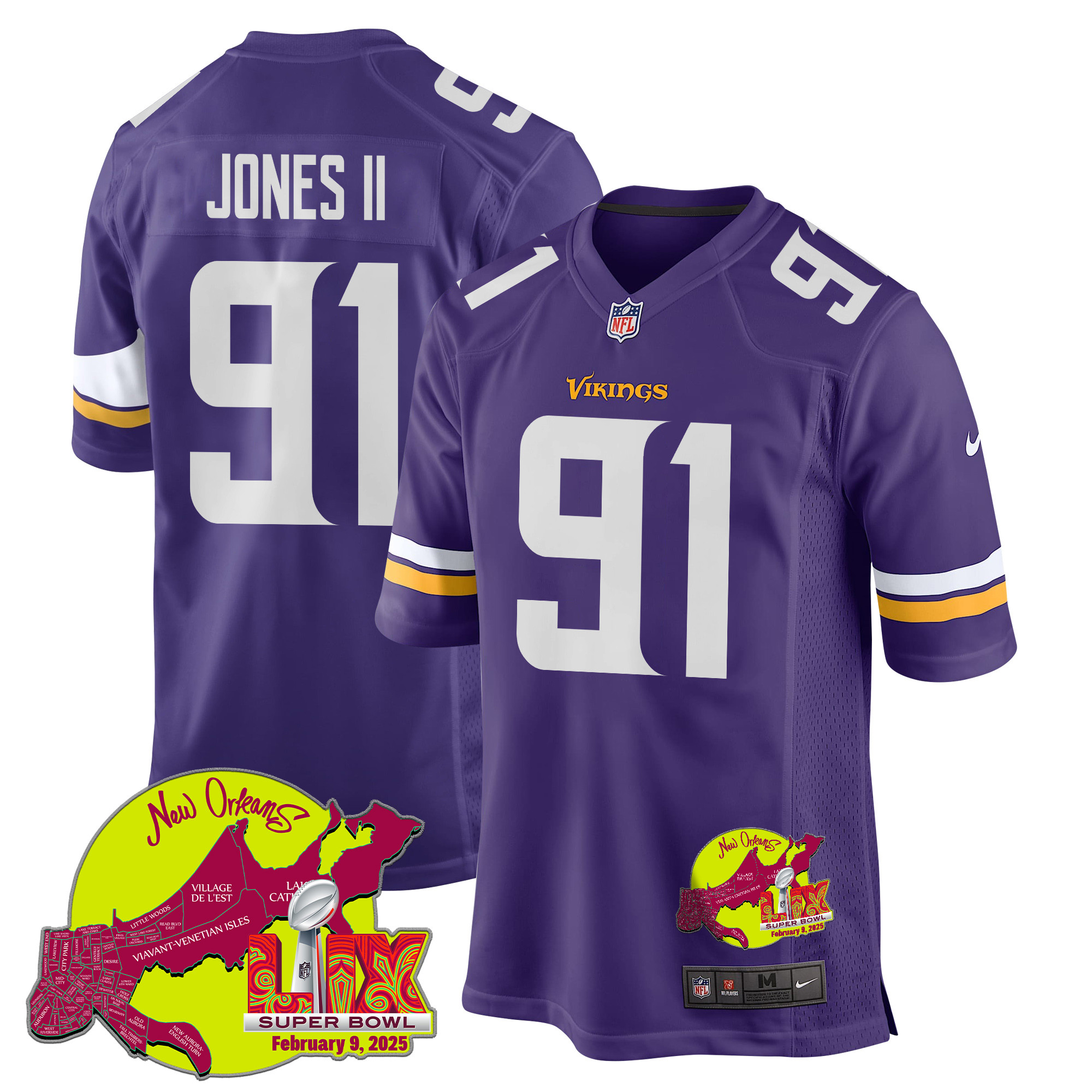 Pat Jones II 91 Minnesota Vikings Super Bowl LIX New Orleans Patch Game Purple NFL Jersey Men's