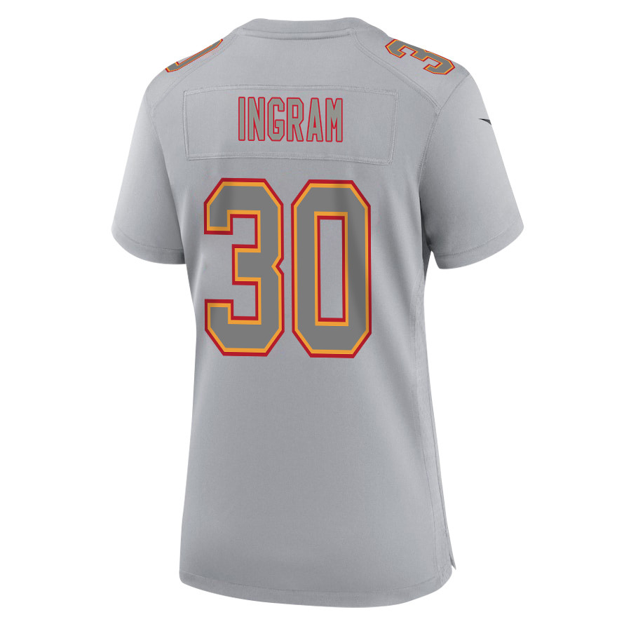 Keaontay Ingram 30 Kansas City Chiefs Super Bowl LVIII Champions 4X Atmosphere Fashion Game Gray NFL Jersey Women's
