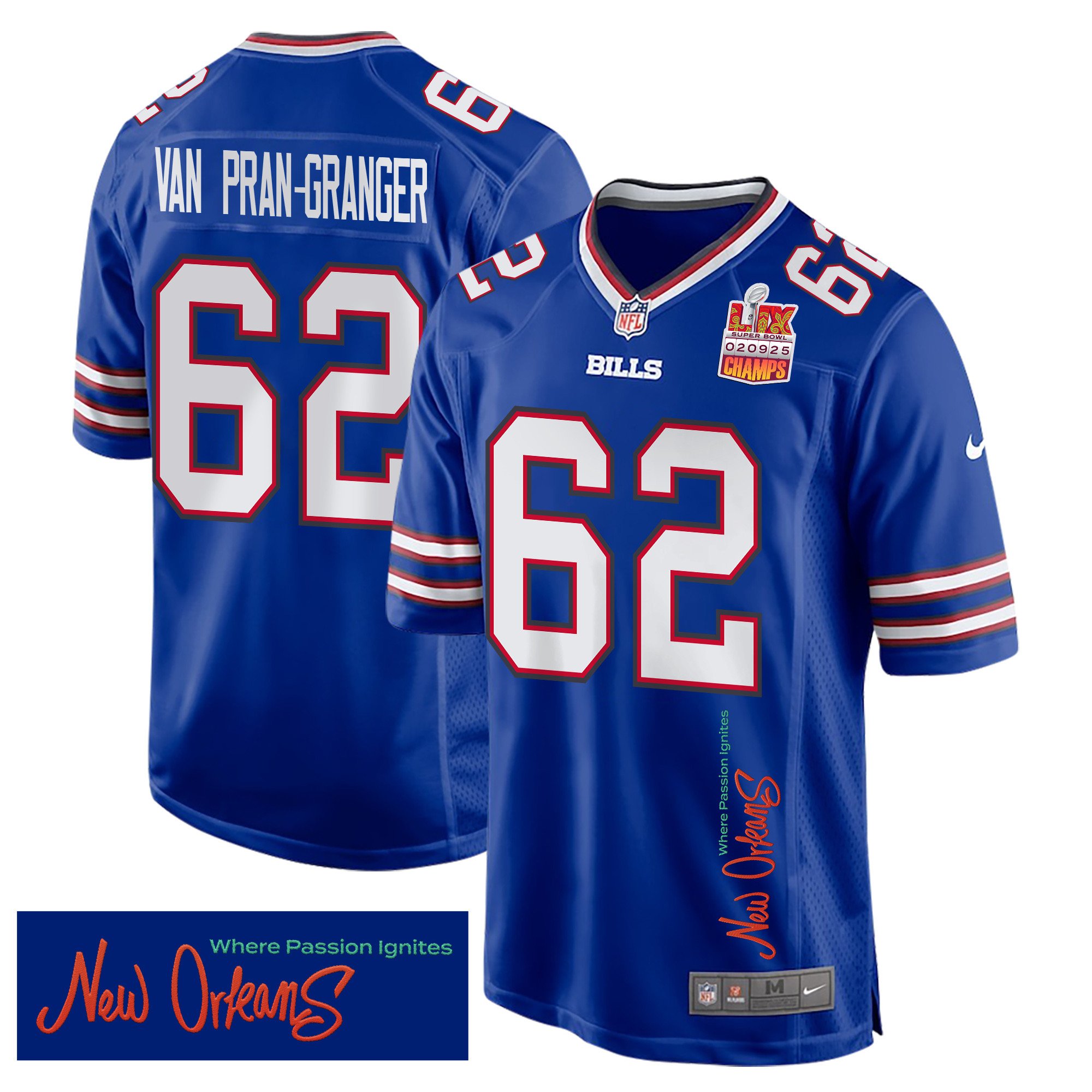 Sedrick Van Pran-Granger 62 Buffalo Bills Super Bowl LIX Champions Patch New Orleans Where Passion Ignites' EMBROIDERED Game Royal NFL Jersey Men's