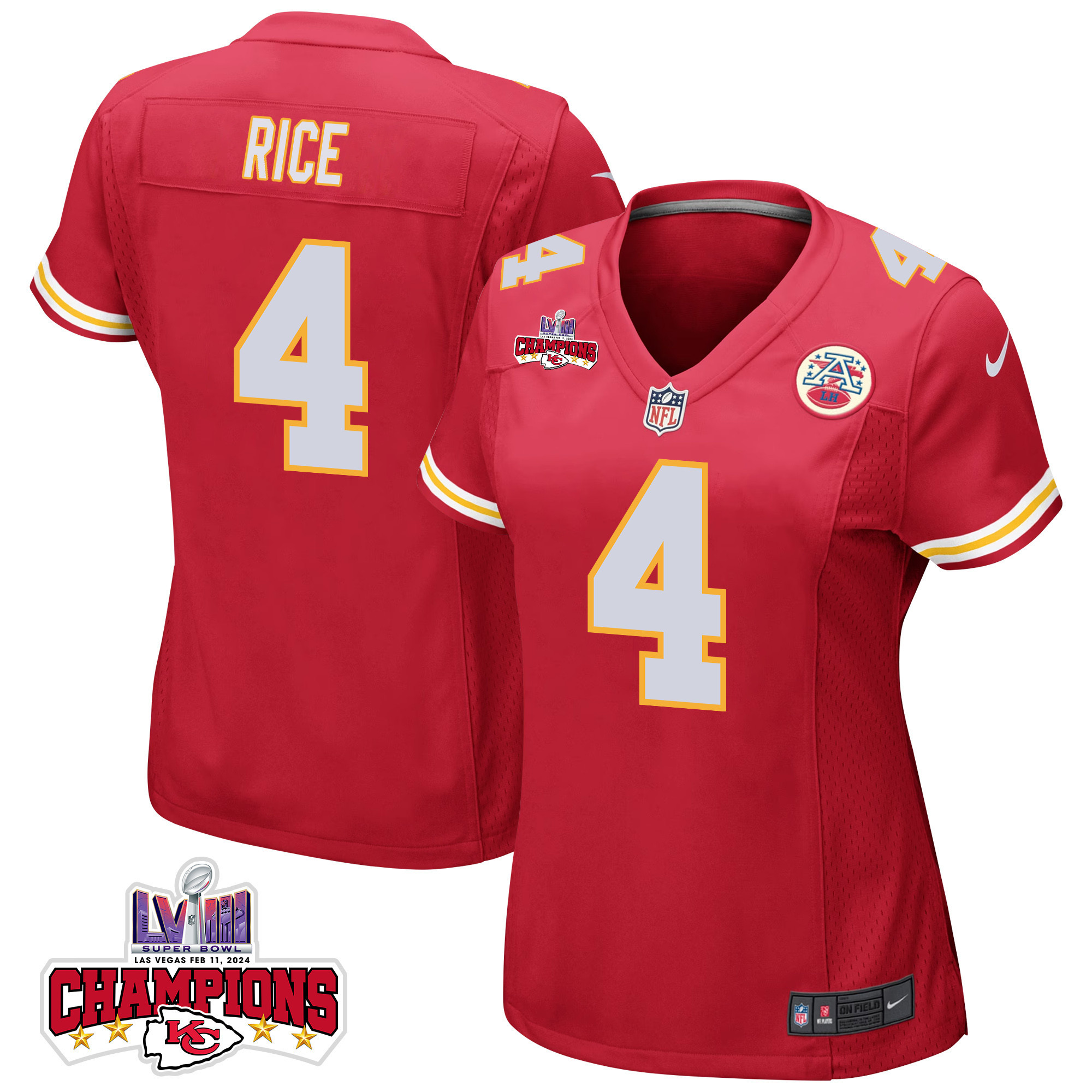 Rashee Rice 4 Kansas City Chiefs Super Bowl LVIII Champions 4 Stars Patch Game Red NFL Jersey Women's