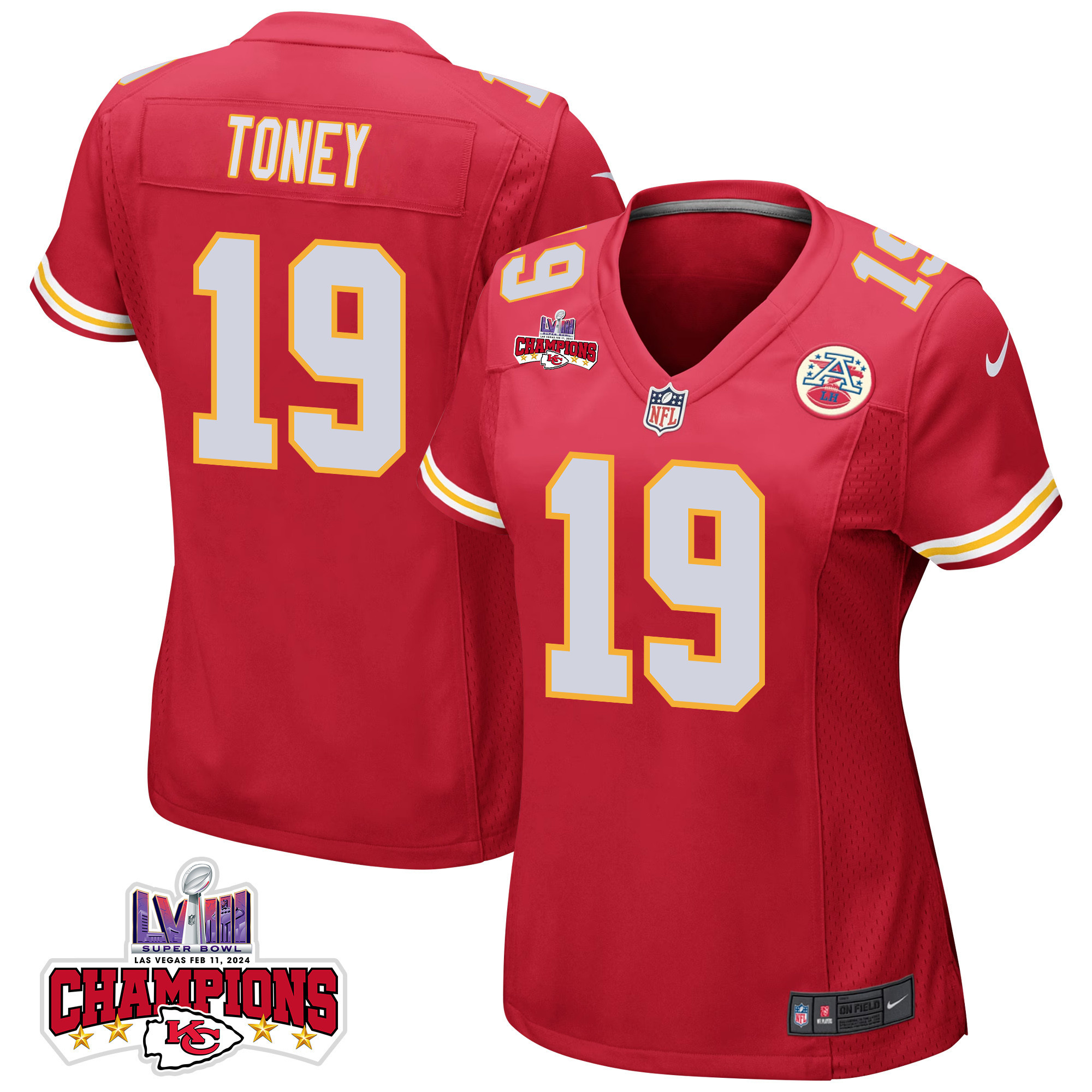 Kadarius Toney 19 Kansas City Chiefs Super Bowl LVIII Champions 4 Stars Patch Game Red NFL Jersey Women's