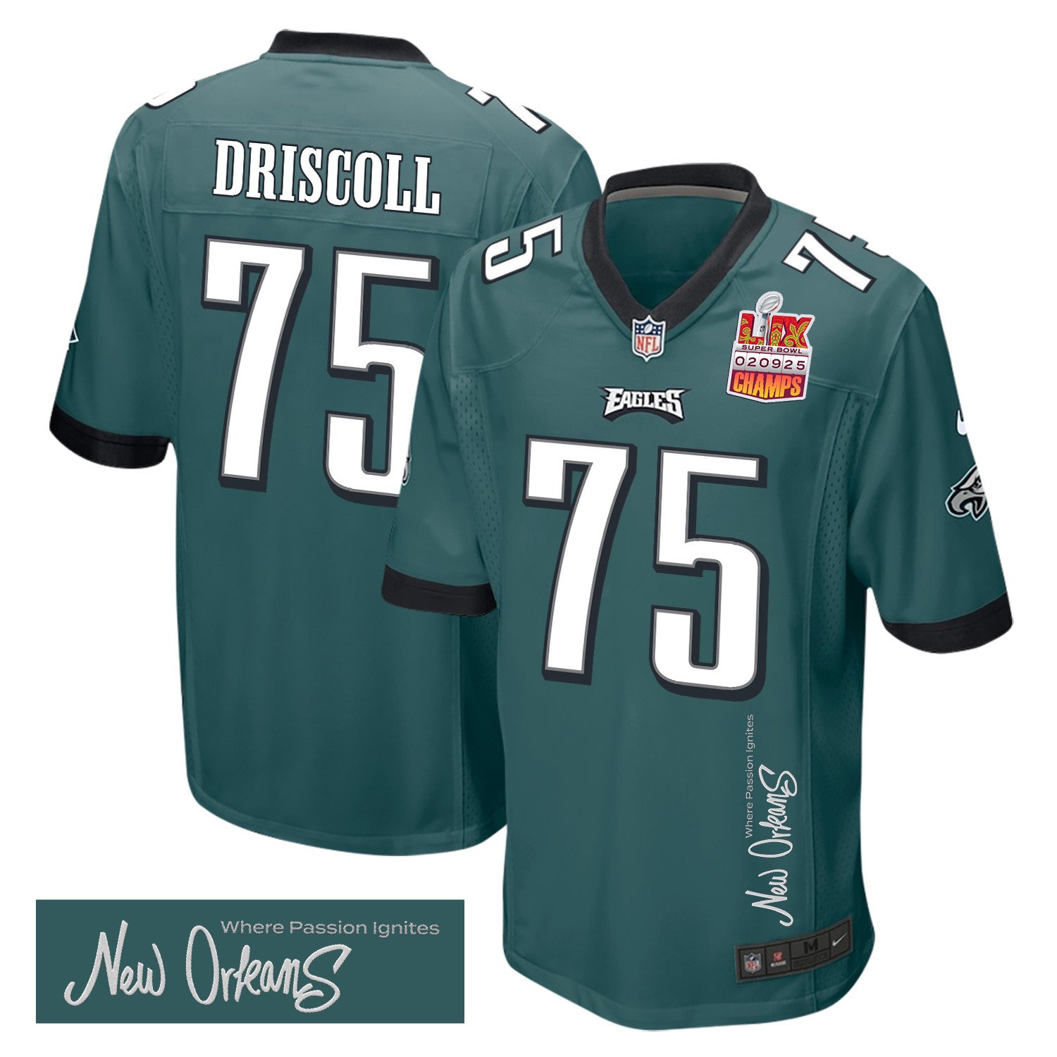 Jack Driscoll 75 Philadelphia Eagles Super Bowl LIX Champions Patch New Orleans Where Passion Ignites' EMBROIDERED Game Midnight Green NFL Jersey Men's