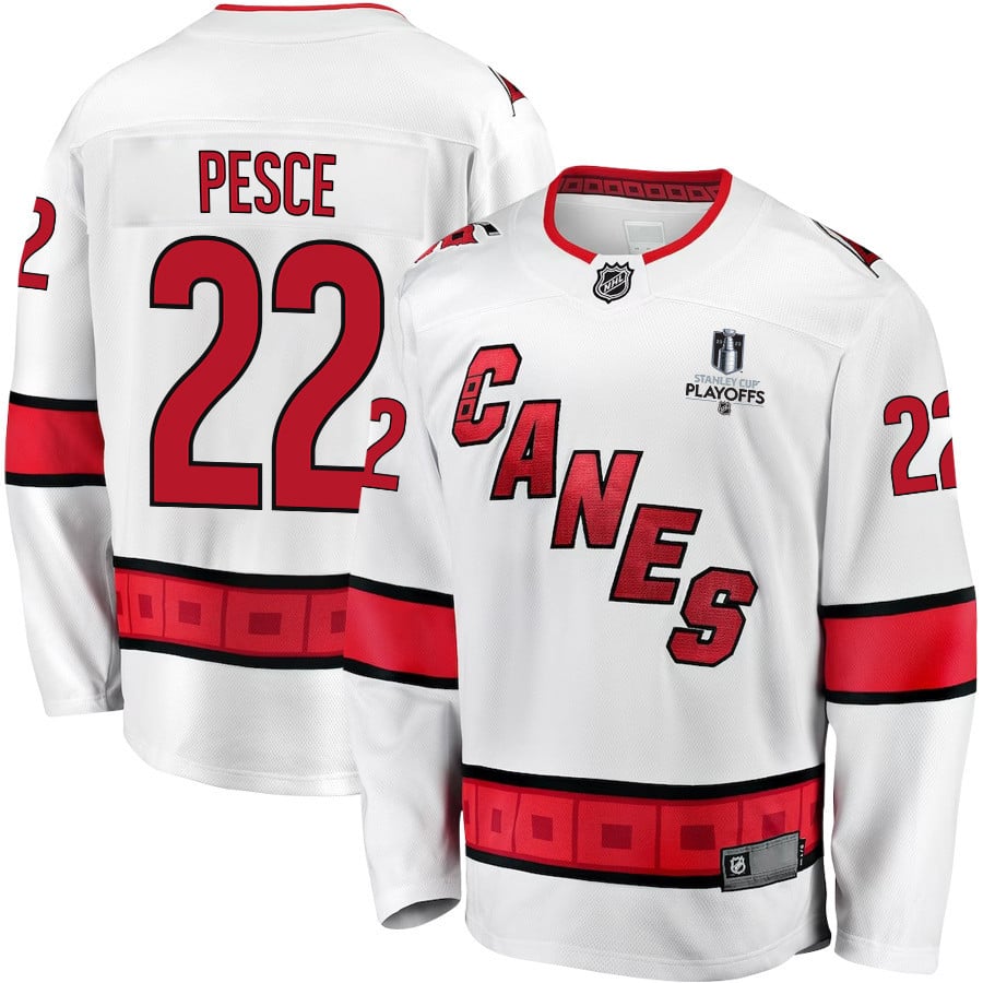Brett Pesce 22 Carolina Hurricanes Stanley Cup 2023 Playoffs Patch Away Breakaway White NHL Jersey Men's